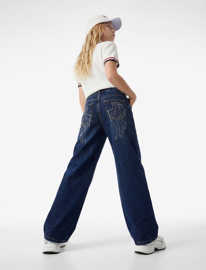 Kız Çocuk Pamuklu Kanat İşleme Detaylı Geniş Paça Denim Pantolon