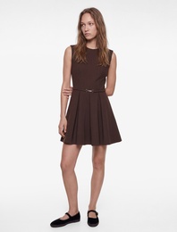 Kemer Detaylı Bisiklet Yaka Kolsuz Mini Kloş Elbise