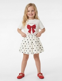 Pamuklu Kısa Kollu Bisiklet Yaka Fiyonk Baskılı Tişört