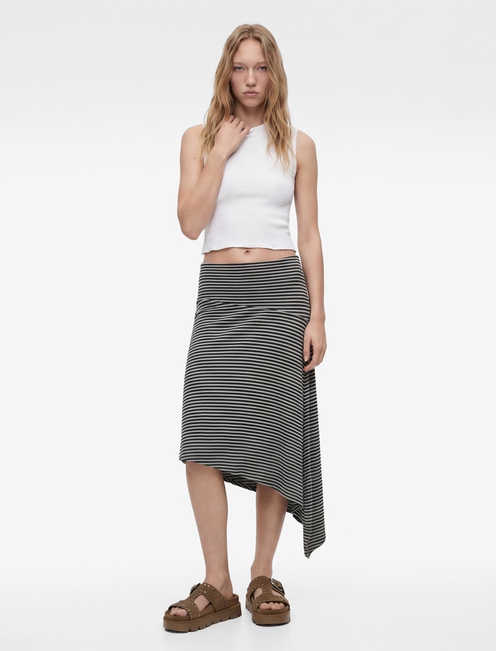  Asimetrik Kesim Viskon Karışımlı Normal Bel Midi Etek