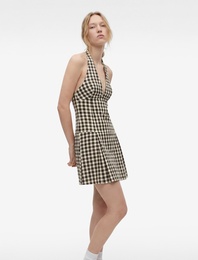 Kolsuz Pileli Mini Ekoseli Halter Yaka Elbise