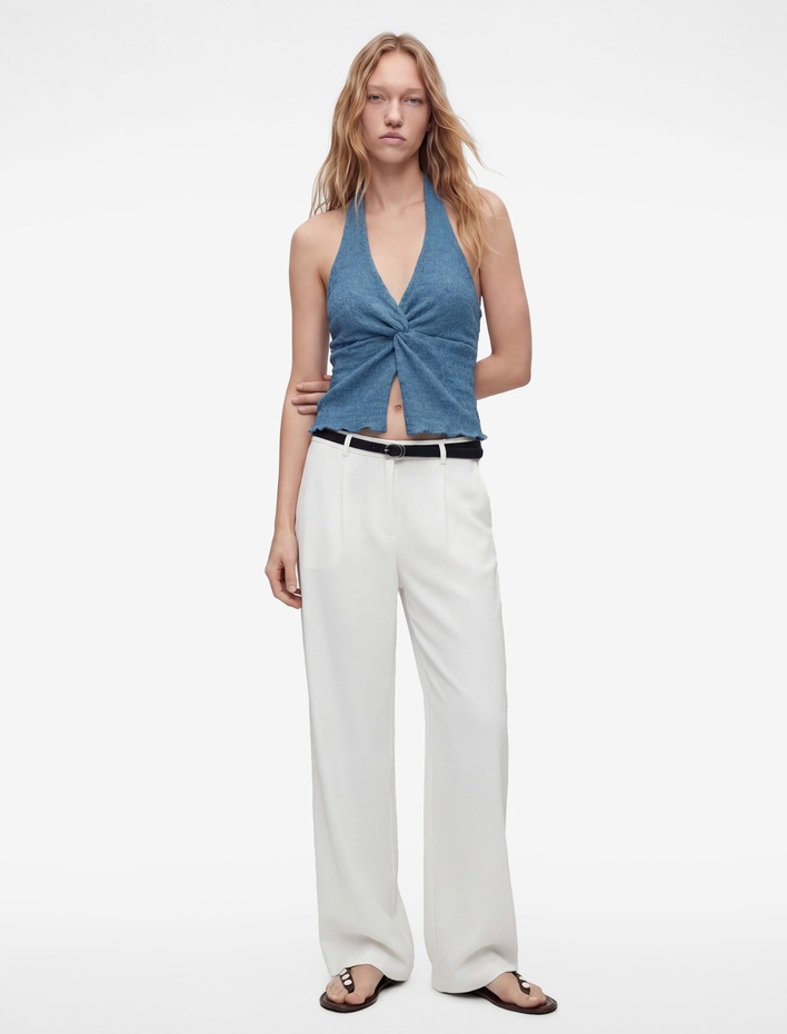  Bürümcük Kolsuz V Yaka Halter Yaka Crop Bluz