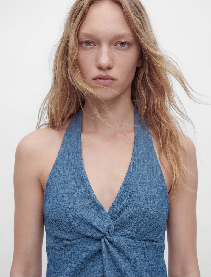  Bürümcük Kolsuz V Yaka Halter Yaka Crop Bluz