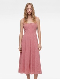 Kare Yaka Kolsuz Viskon Karışımlı Gofre Kumaş Uzun Pötikareli Elbise