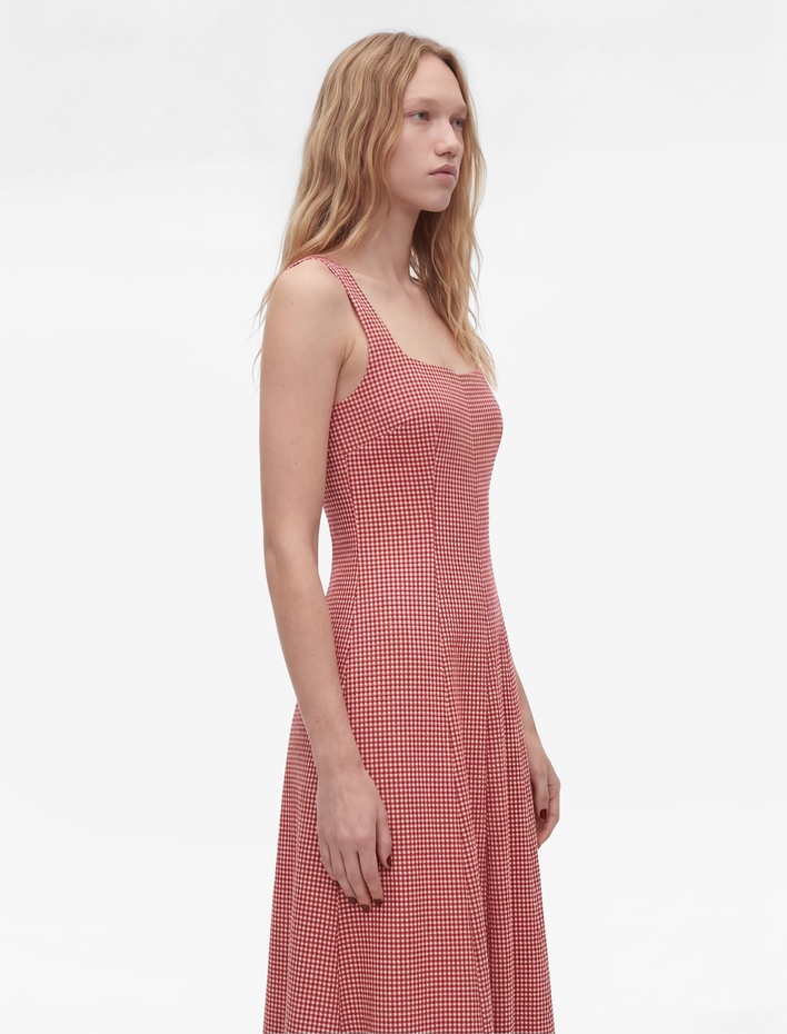  Kare Yaka Kolsuz Viskon Karışımlı Gofre Kumaş Uzun Pötikareli Elbise