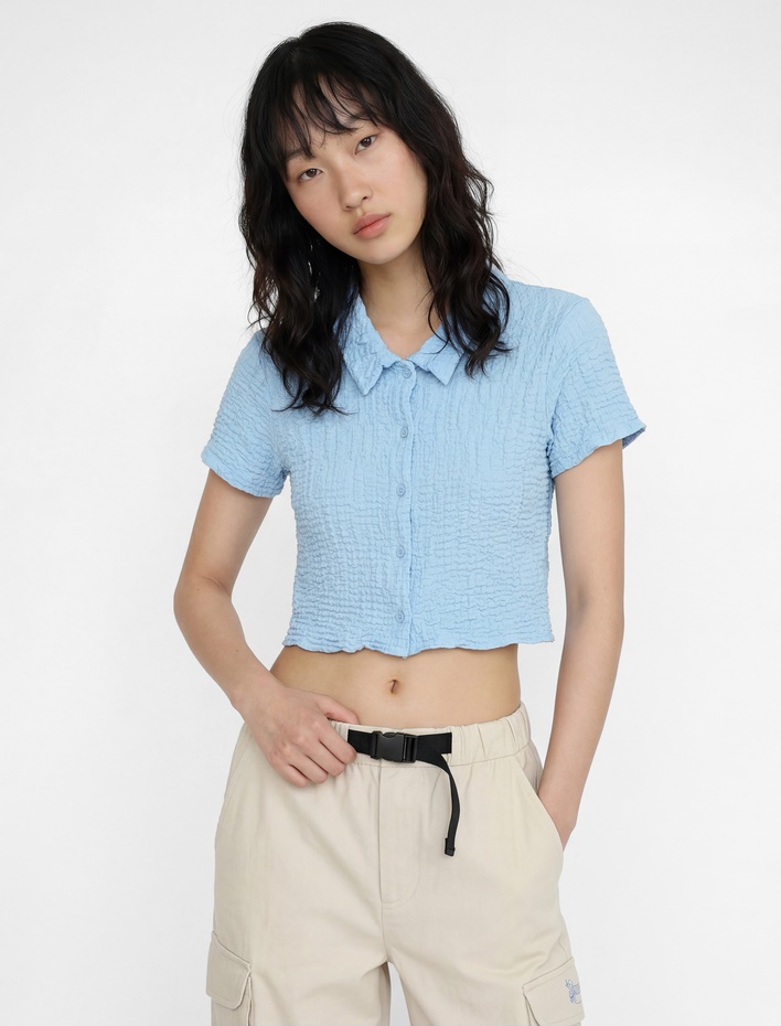  Klasik Yaka Düğmeli Bürümcük Dokulu Kısa Kollu Tişört