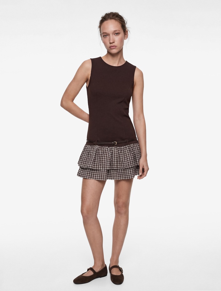  Kolsuz Bisiklet Yaka Bodycon Kemer Detaylı Volanlı Mini Elbise