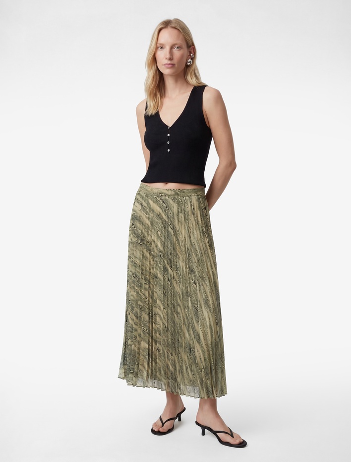  Kalın Pileli Soyut Desenli Şifon Midi Etek