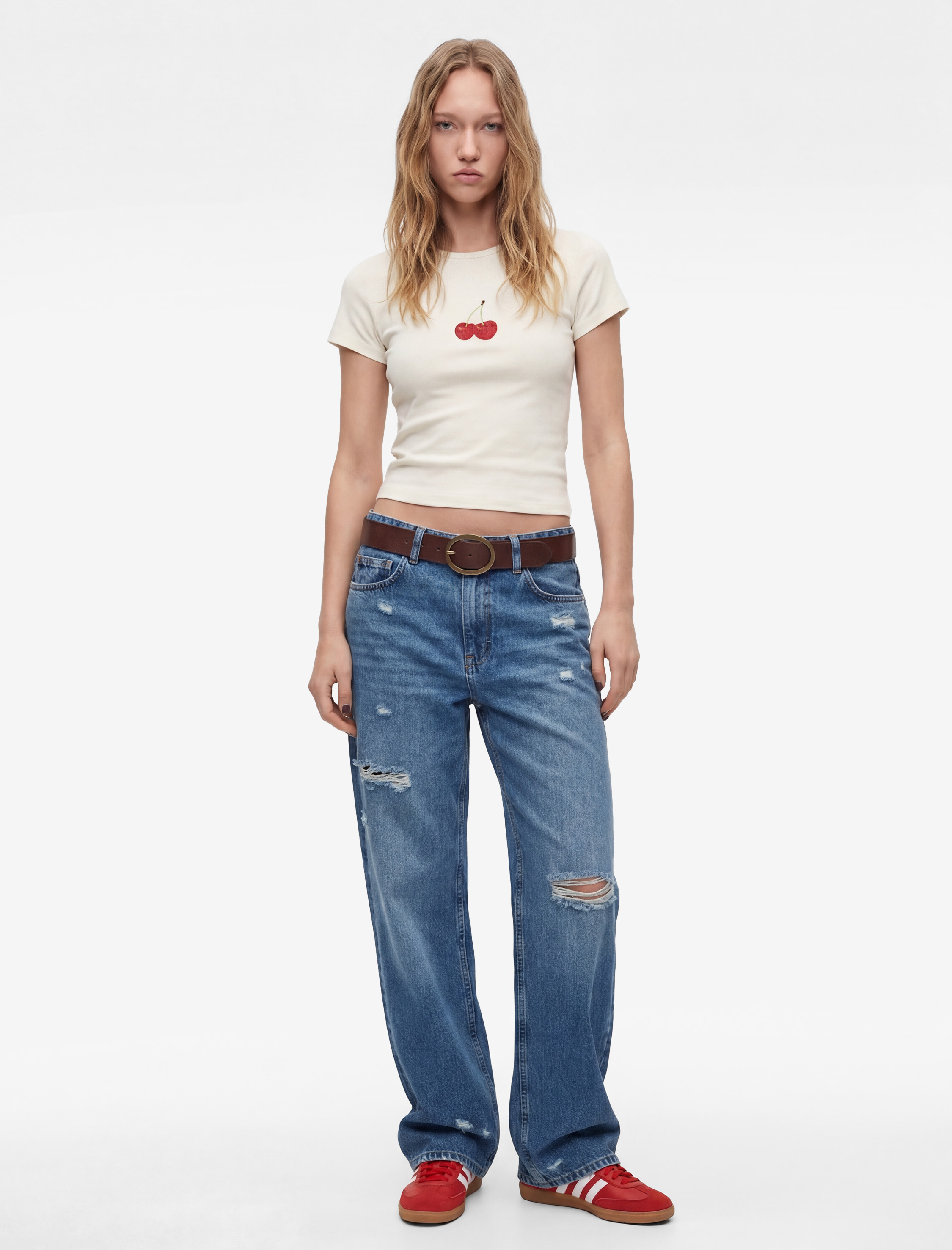   Kiraz Baskılı Slim Fit Kısa Kollu Bisiklet Yaka Pamuklu Tişört