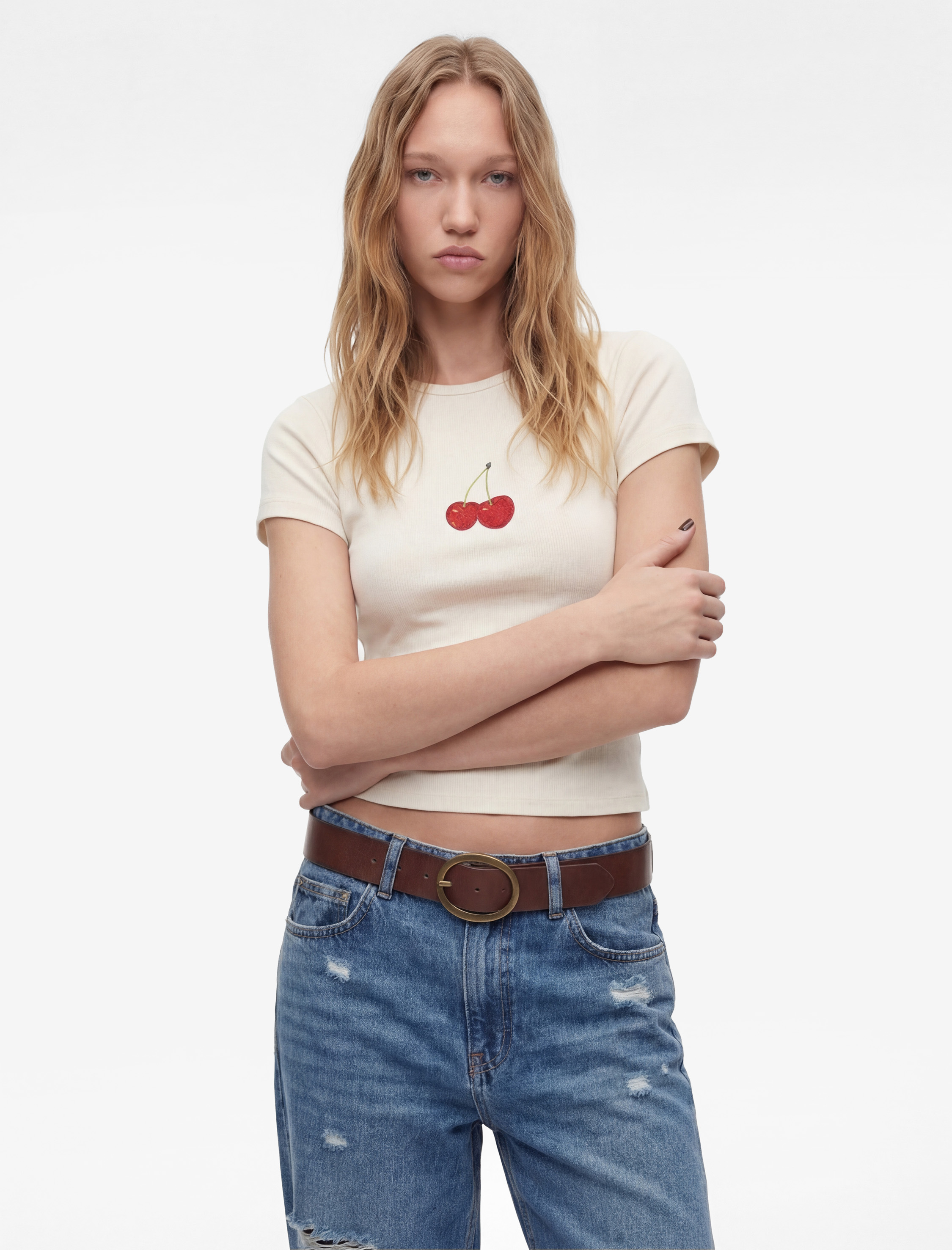   Kiraz Baskılı Slim Fit Kısa Kollu Bisiklet Yaka Pamuklu Tişört