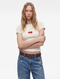 Kiraz Baskılı Slim Fit Kısa Kollu Bisiklet Yaka Pamuklu Tişört