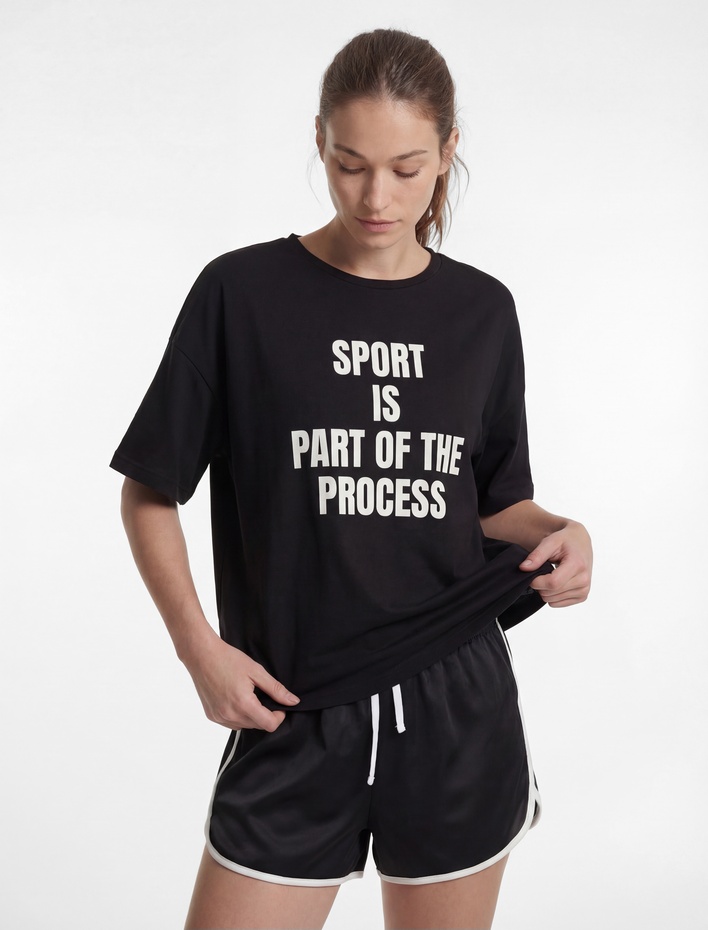  Baskılı Yarım Kol Bisiklet Yaka Oversize Spor Tişört