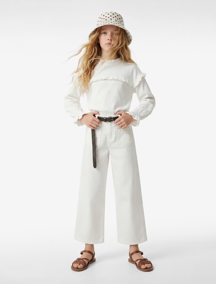 Kız Çocuk Pamuklu Cepli Bol Kesim Geniş Paça Denim Pantolon