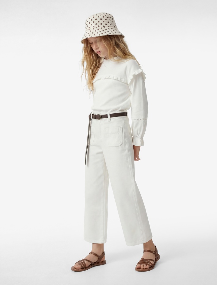 Kız Çocuk Pamuklu Cepli Bol Kesim Geniş Paça Denim Pantolon