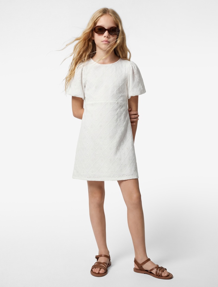 Kız Çocuk Fiyonklu Pencere Detaylı Kısa Kollu Bisiklet Yaka Brodeli Elbise