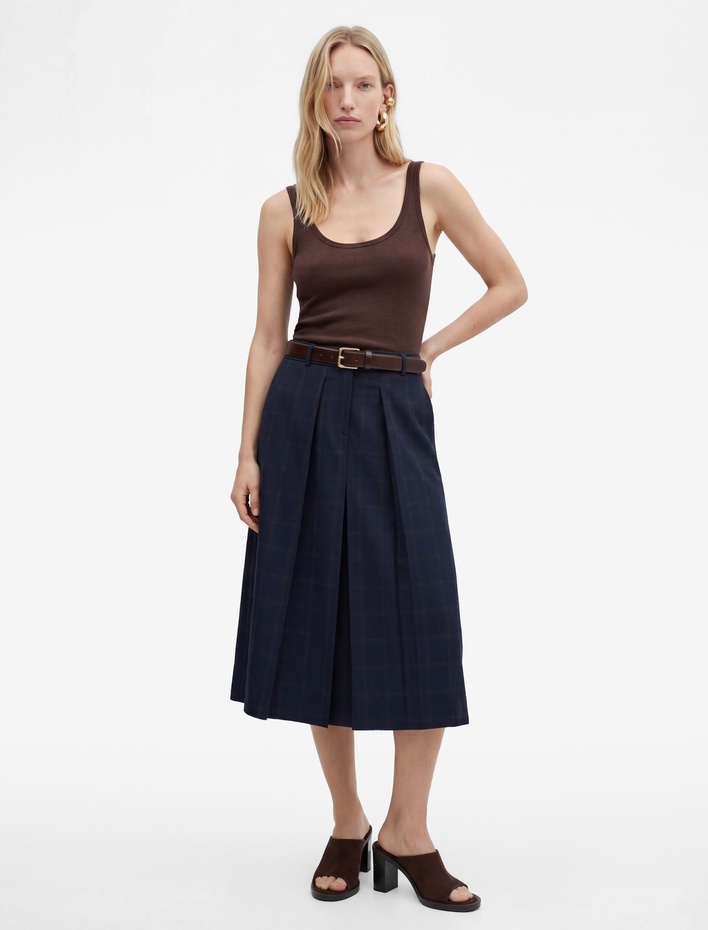  Rahat Kalıp Yüksek Bel Pileli Midi A Kesim Etek