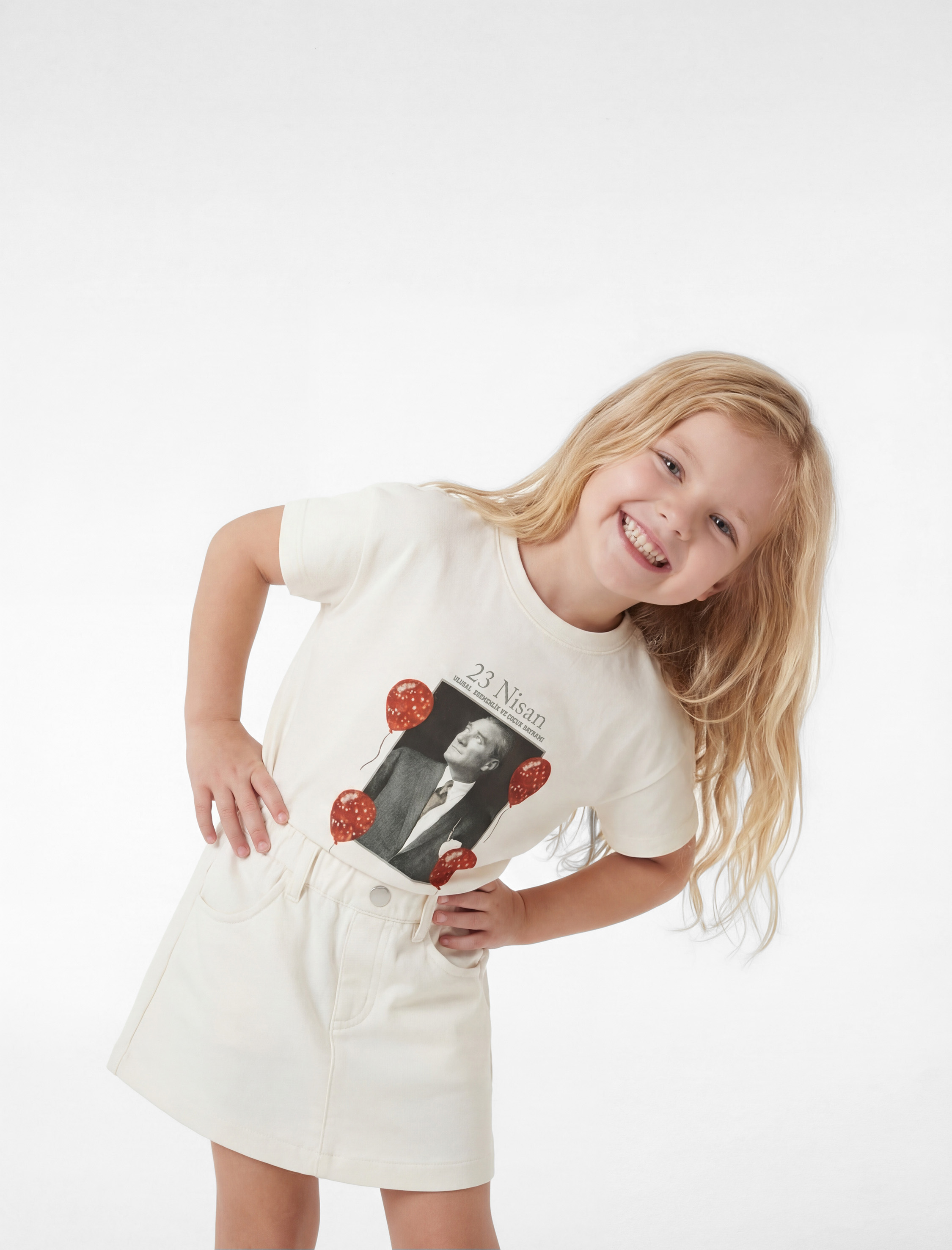  Kız Bebek Pamuklu Bisiklet Yaka Kısa Kollu Atatürk Baskılı Tişört