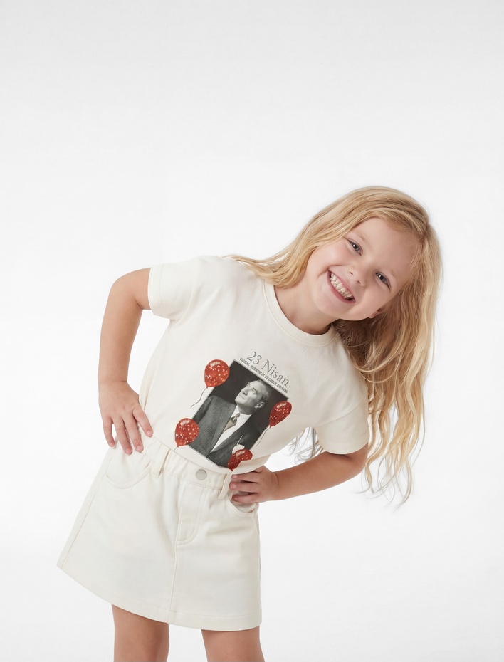 Kız Bebek Pamuklu Bisiklet Yaka Kısa Kollu Atatürk Baskılı Tişört