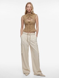 Slim Fit Dik Yaka Fermuarlı Bağcıklı Pencere Detaylı Kolsuz Bluz