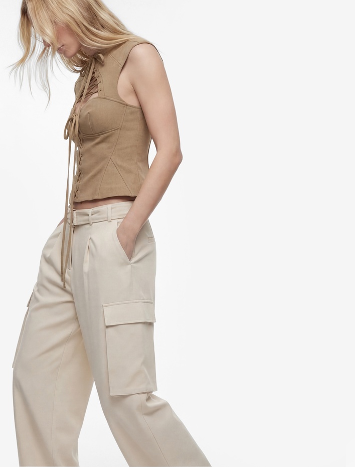  Kemer Detaylı Yüksek Bel Kargo Cepli Bol Pantolon