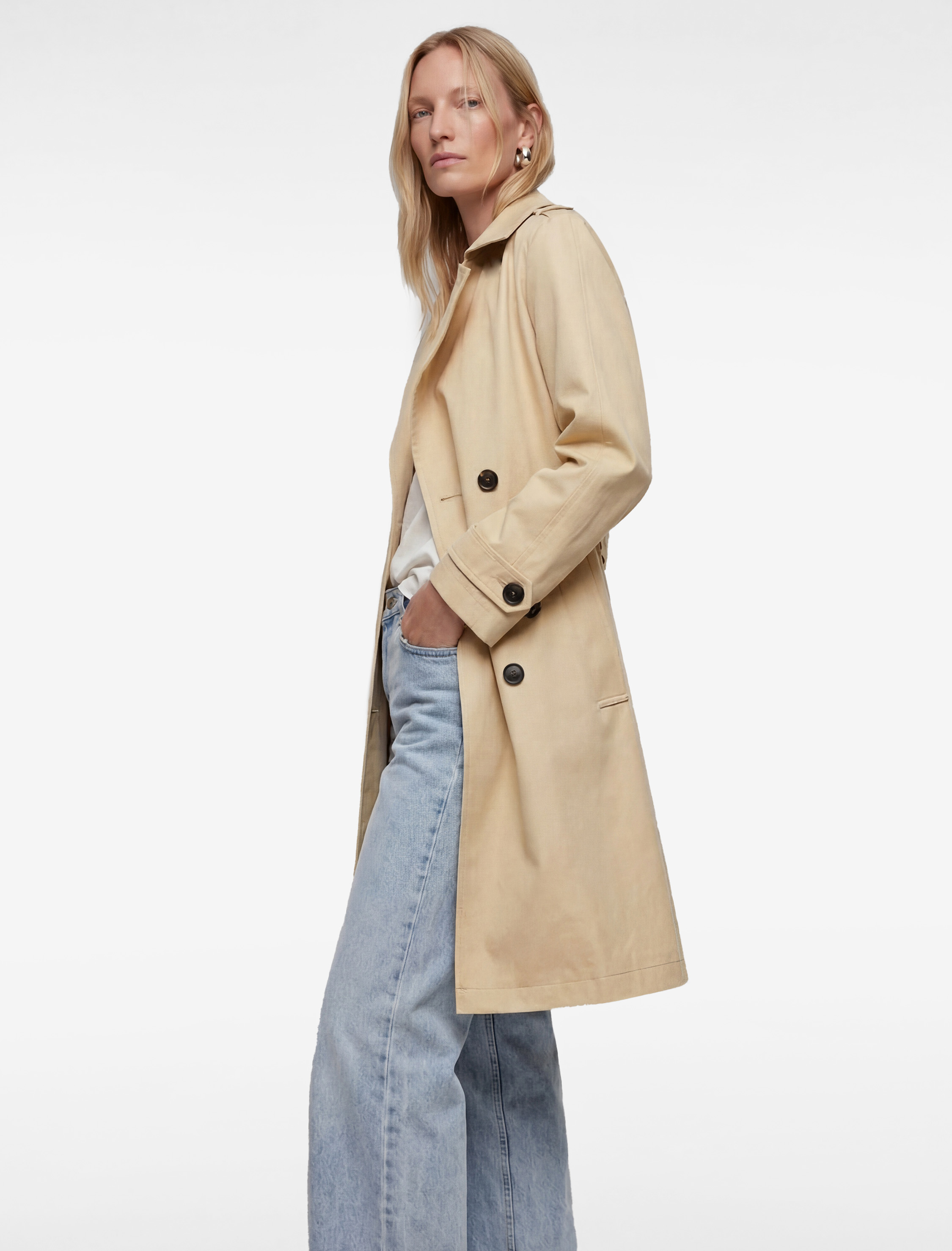   Pamuklu Uzun Kollu Düğmeli Kruvaze Kemerli Oversize Gabardin Trençkot