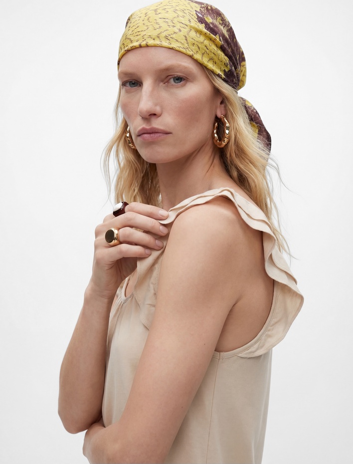  Viskon Keten Karışımlı Kare Yaka Fırfırlı Askılı Mini Elbise