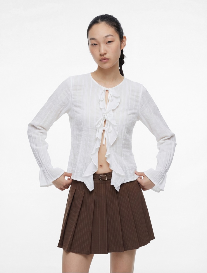  Bağlamalı Yakalı Fırfırlı Fiyonklu Uzun Kollu Viskon Karışımlı Bluz