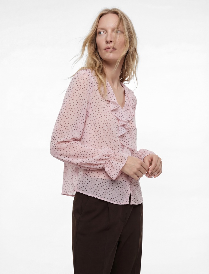  Uzun Kollu Puantiye Desenli  V Yaka Fırfırlı Şifon Bluz