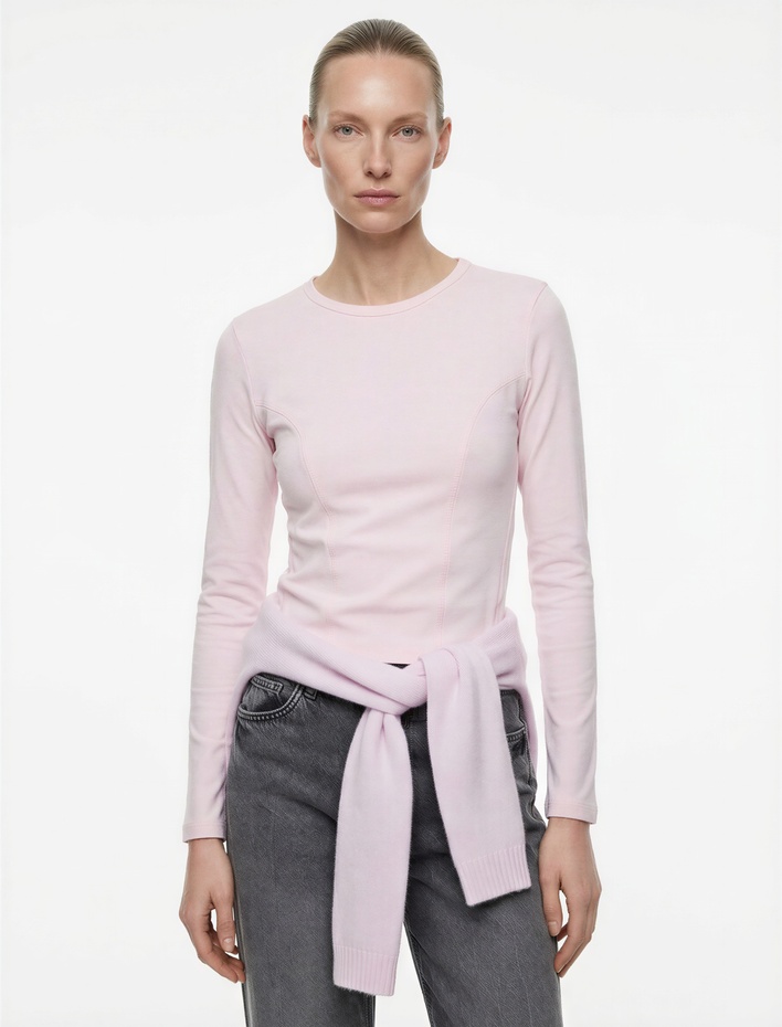  Pamuklu Slim Fit Uzun Kollu Dikiş Detaylı Bisiklet Yaka Tişört