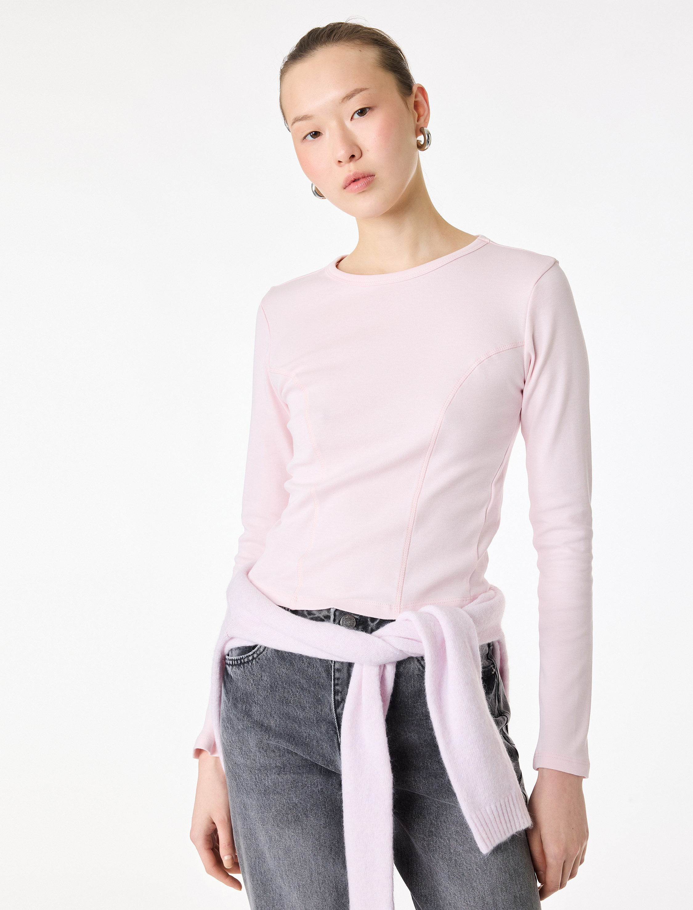 Pamuklu Slim Fit Uzun Kollu Dikiş Detaylı Bisiklet Yaka Tişört - Görsel 4