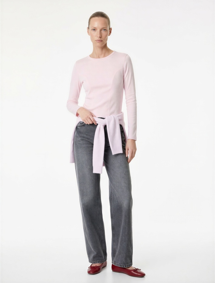  Pamuklu Slim Fit Uzun Kollu Dikiş Detaylı Bisiklet Yaka Tişört