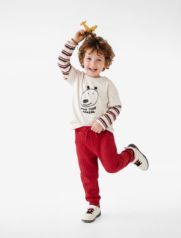 Erkek Bebek Pamuklu Beli Bağcıklı Cepli Dokulu Eşofman Altı