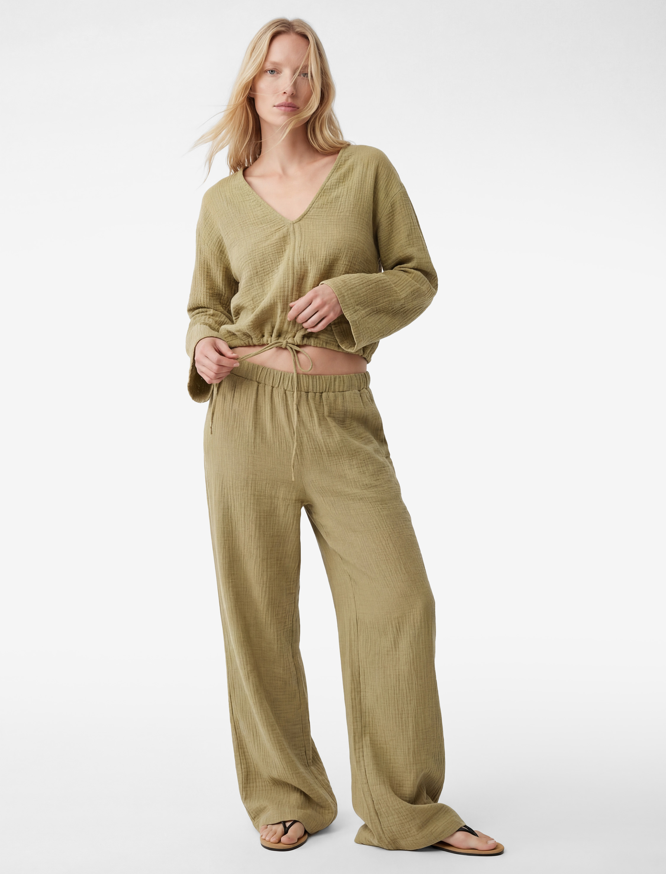   Beli Lastikli Pamuklu Geniş Paça Müslin Pantolon