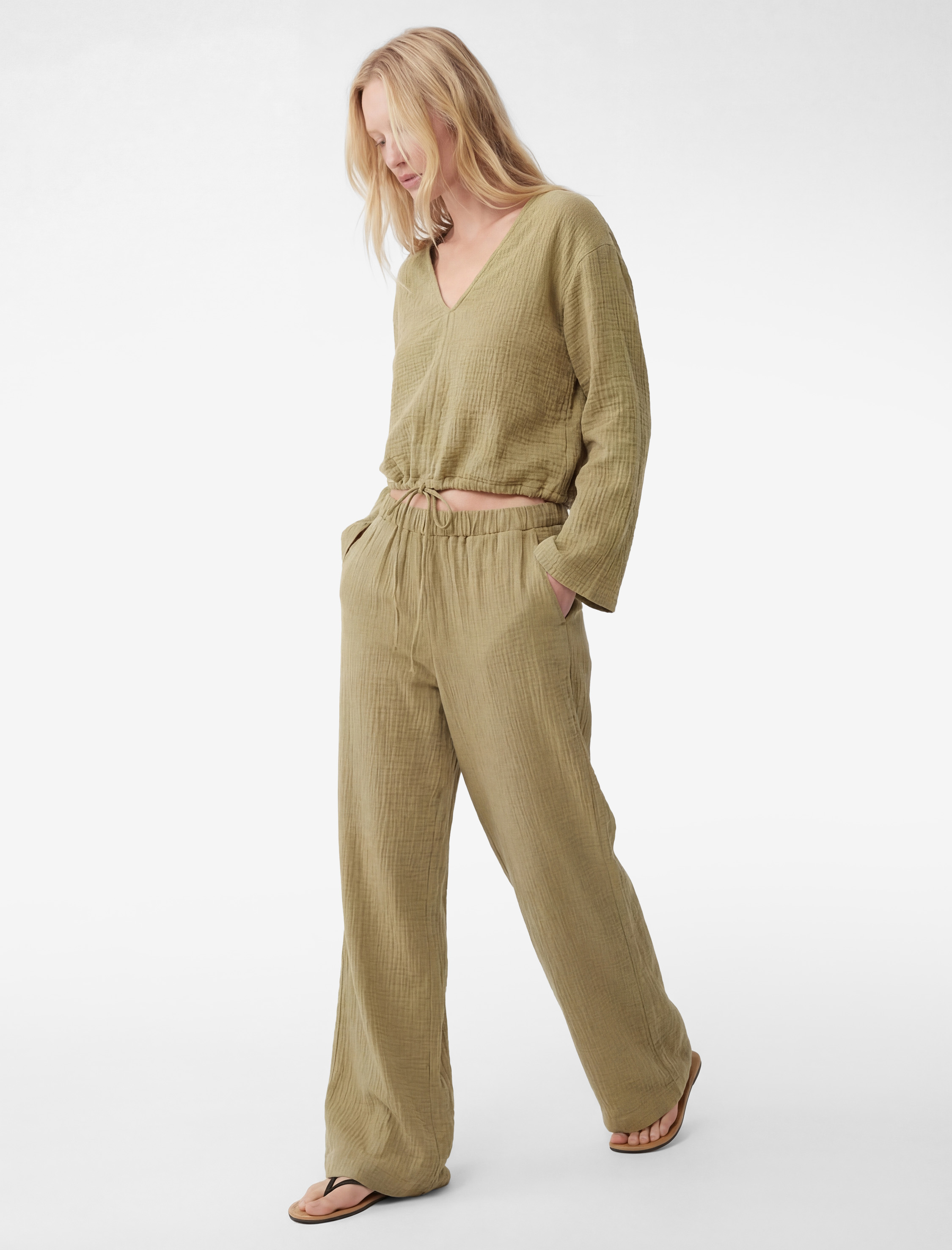   Beli Lastikli Pamuklu Geniş Paça Müslin Pantolon
