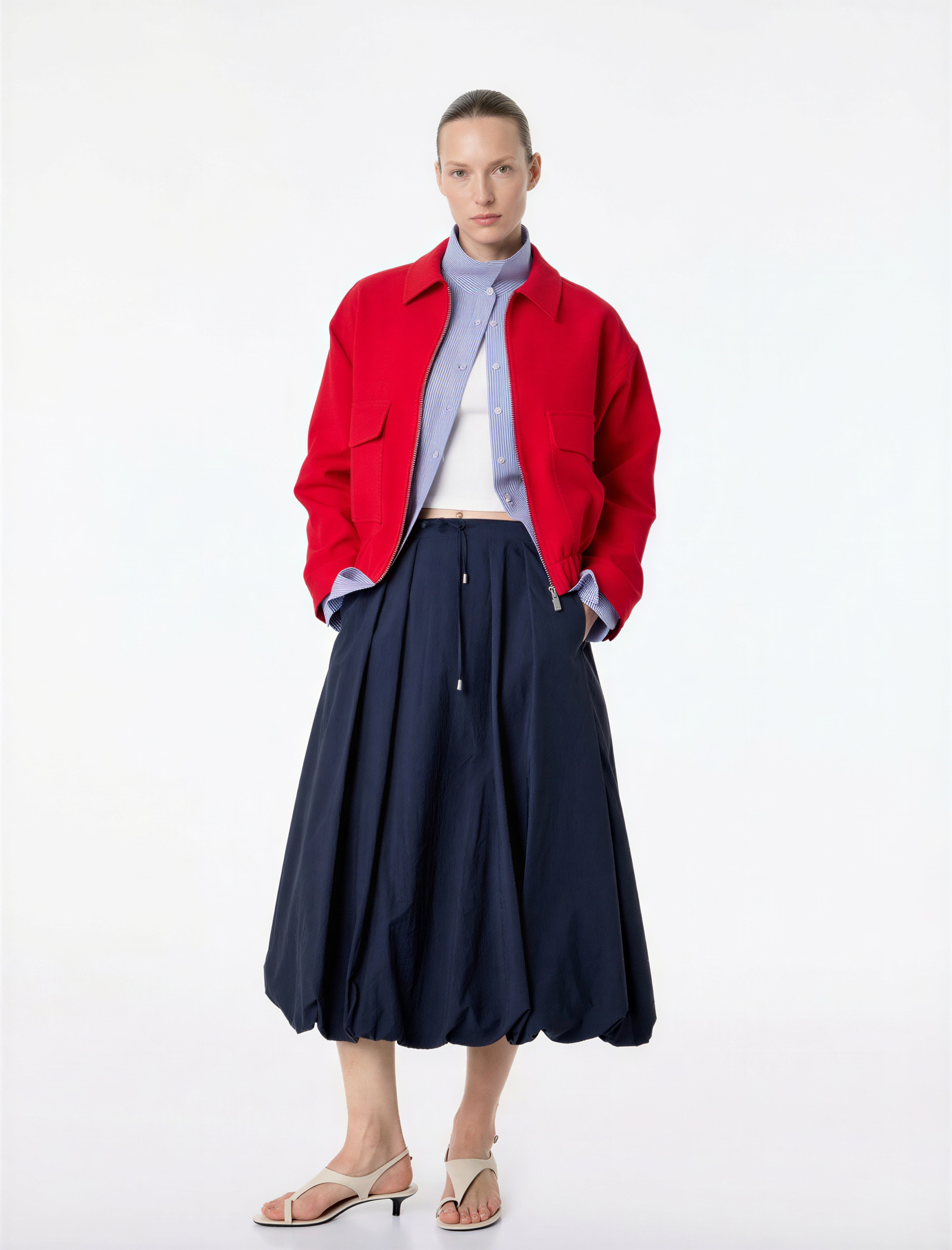   Loose Fit Beli Bağlamalı Cepli Paraşüt Kumaş Midi Balon Etek