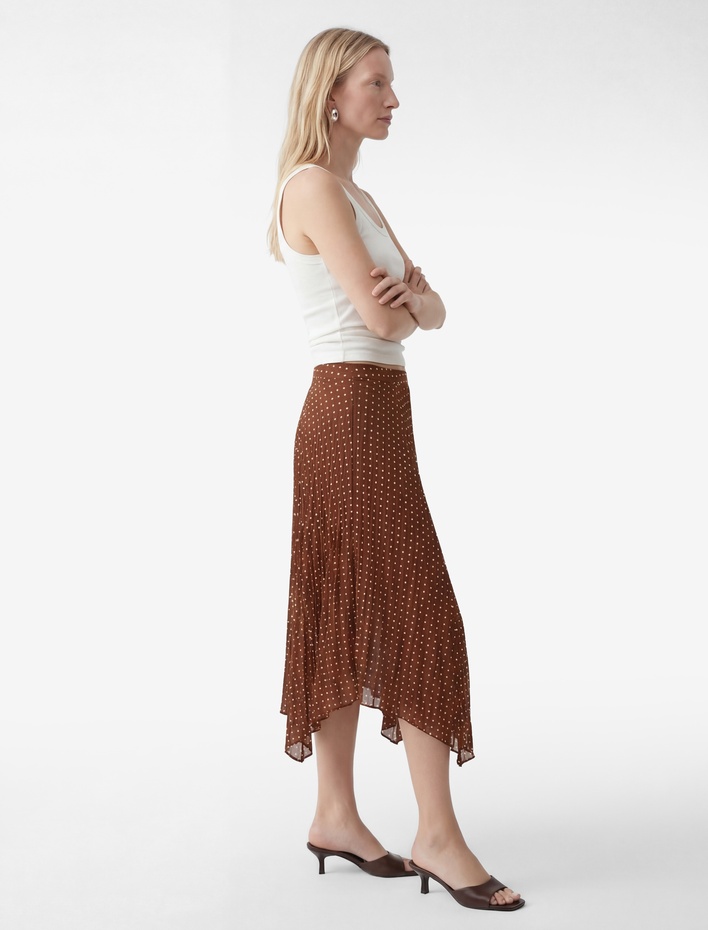  Puantiyeli Yüksek Bel Pileli Krep Kumaş Asimetrik Midi Etek