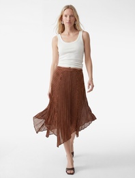 Puantiyeli Yüksek Bel Pileli Krep Kumaş Asimetrik Midi Etek