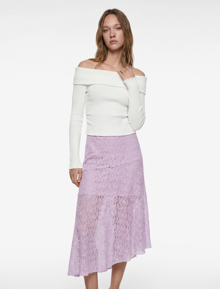  Asimetrik Dantel Detaylı Yüksek Bel Midi Etek