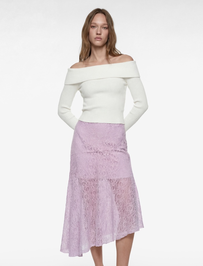  Asimetrik Dantel Detaylı Yüksek Bel Midi Etek