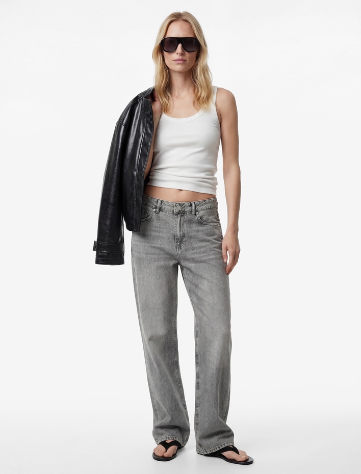  Pamuklu Normal Bel Düğmeli Düz Paça Denim Pantolon - Straight Fit Jean