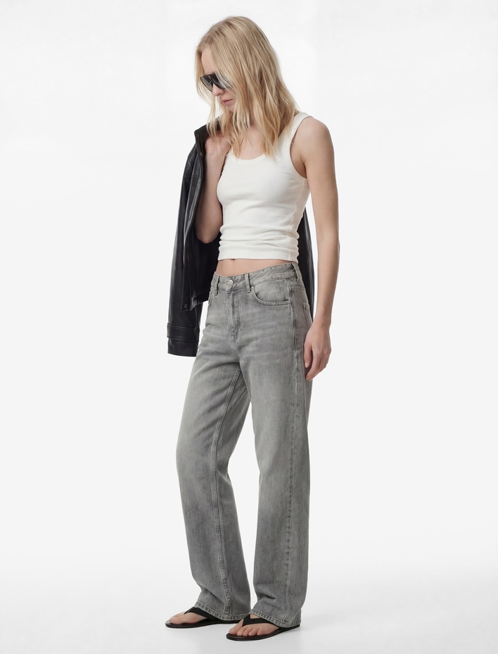  Pamuklu Normal Bel Düğmeli Düz Paça Denim Pantolon - Straight Fit Jean