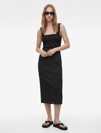 Kare Yaka Slim Fit Kalın Askılı Gipeli Midi Puantiyeli Elbise