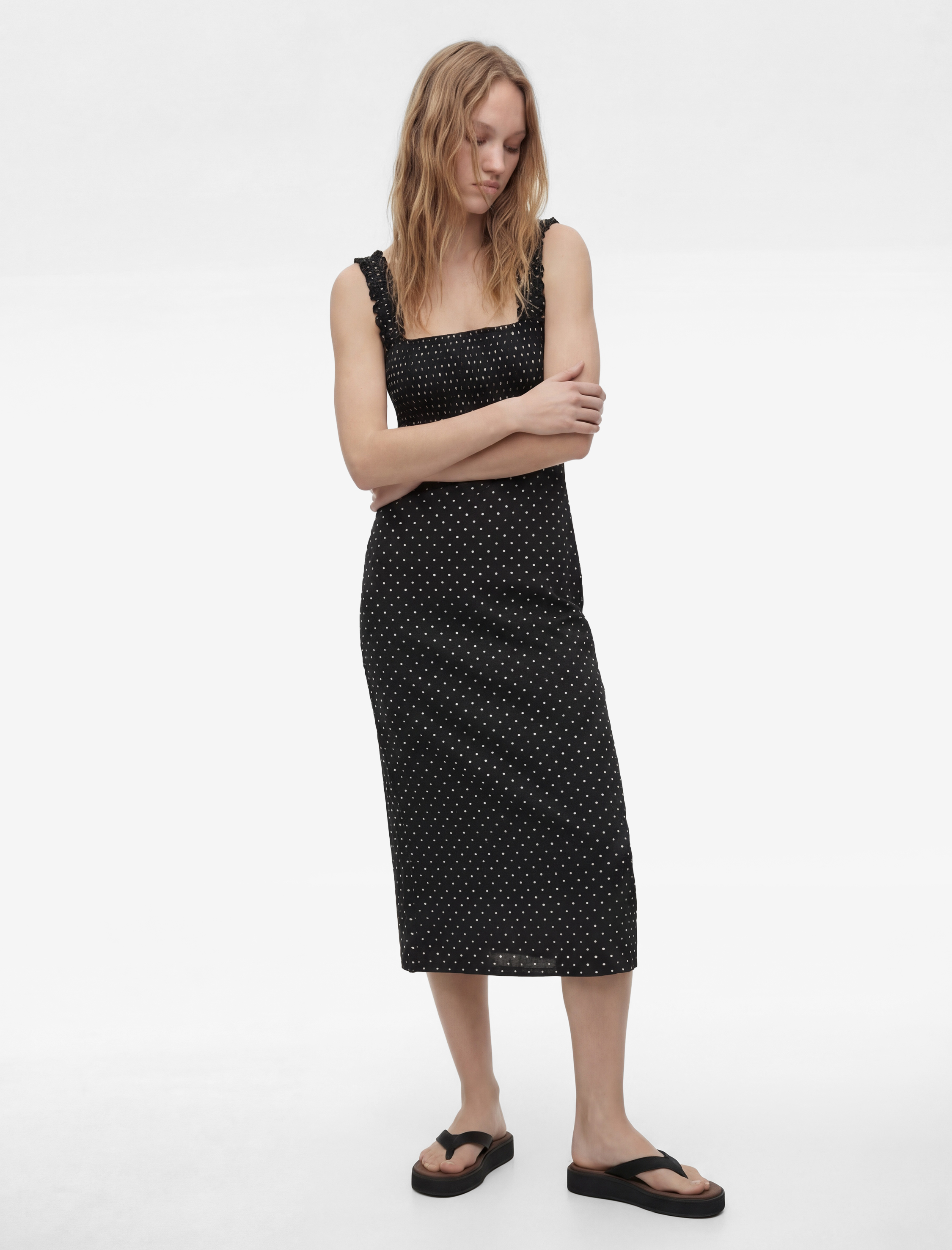 Kare Yaka Slim Fit Kalın Askılı Gipeli Midi Puantiyeli Elbise - Görsel 2