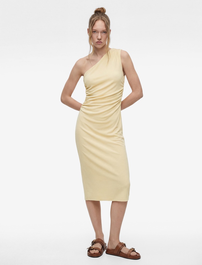  Asimetrik Yaka Kolsuz Drapeli Uzun Tek Omuz Elbise