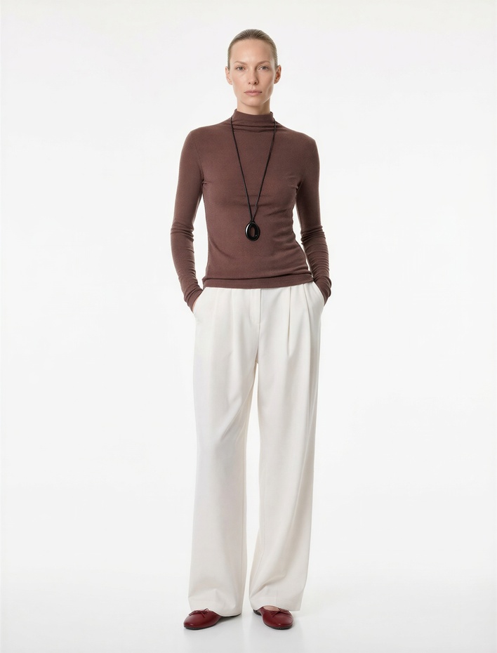  Koyun Yünü Karışımlı Slim Fit Uzun Kollu Dik Yaka Tişört