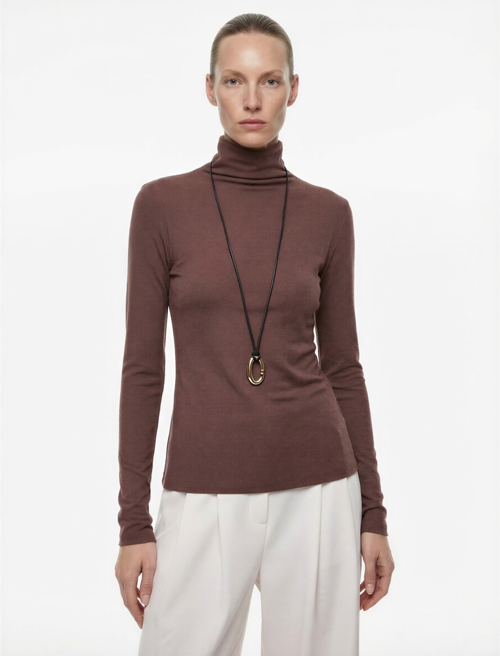  Koyun Yünü Karışımlı Slim Fit Uzun Kollu Dik Yaka Tişört