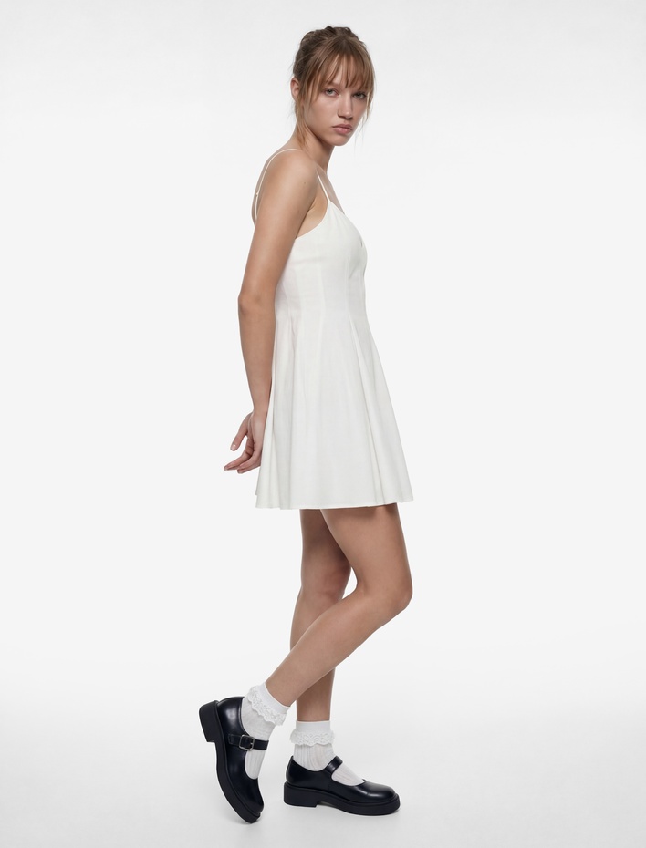  İp Askılı Degaje Yaka Kolsuz Pamuklu Mini Elbise