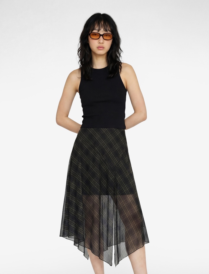  Asimetrik Kesim Ekoseli Tül Midi Etek