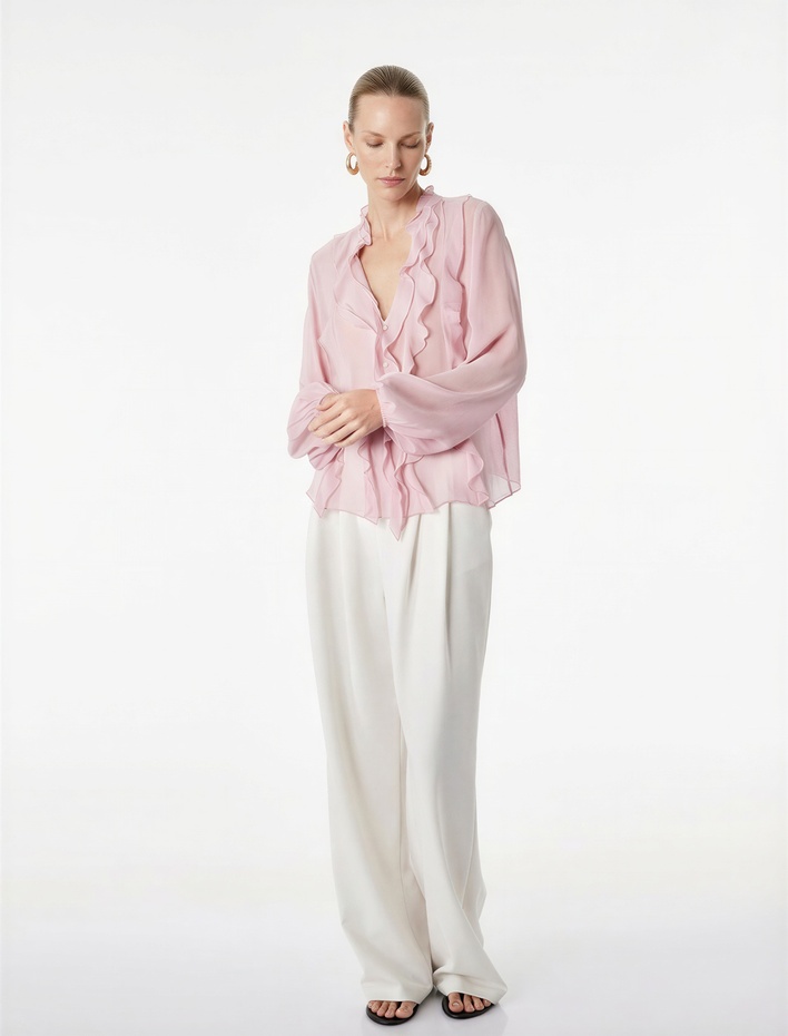  Viskon Düğmeli Uzun Kollu Fırfır Detaylı Şifon Gömlek