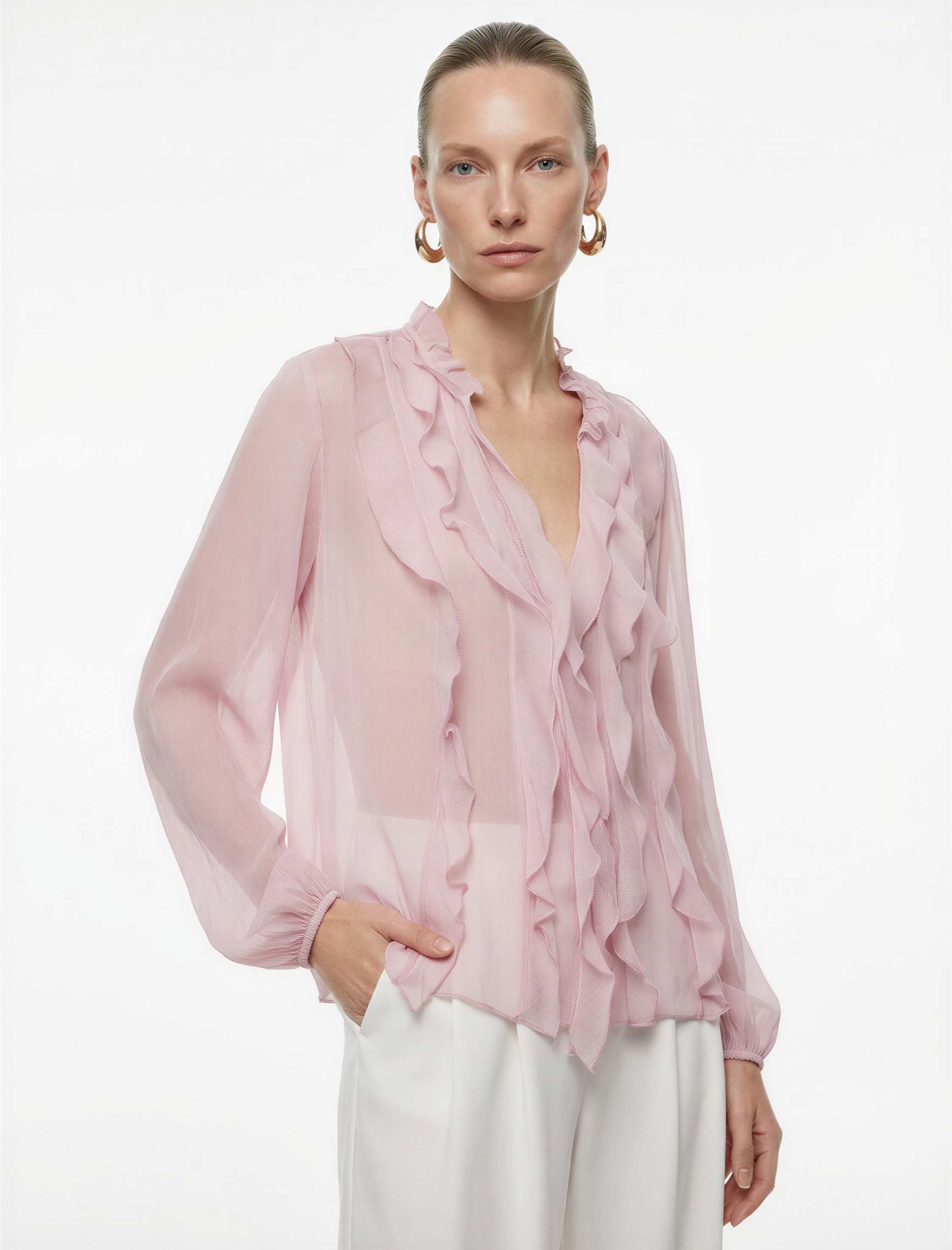 Viskon Düğmeli Uzun Kollu Fırfır Detaylı Şifon Gömlek